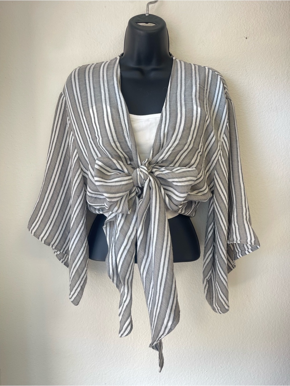 Olivaceous Gray and White Striped Tie-Front Blouse